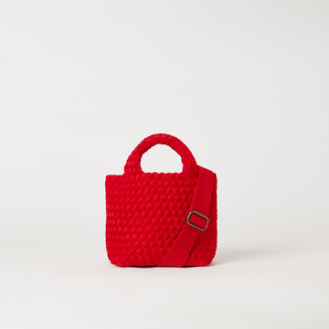 Andreina Bags Lupe crossbody bag in red colour. small size yet roomy. Handmade, interlaced material, synthetic material, water resistant, machine washable, adjustable strap, lightweight. Can be worn as crossbody or as a handbag. Designed in Sydney, Australia.