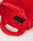 Andreina Bags Lupe crossbody bag in red colour. small size yet roomy. Handmade, interlaced material, synthetic material, water resistant, machine washable, adjustable strap, lightweight. Can be worn as crossbody or as a handbag. Designed in Sydney, Australia.