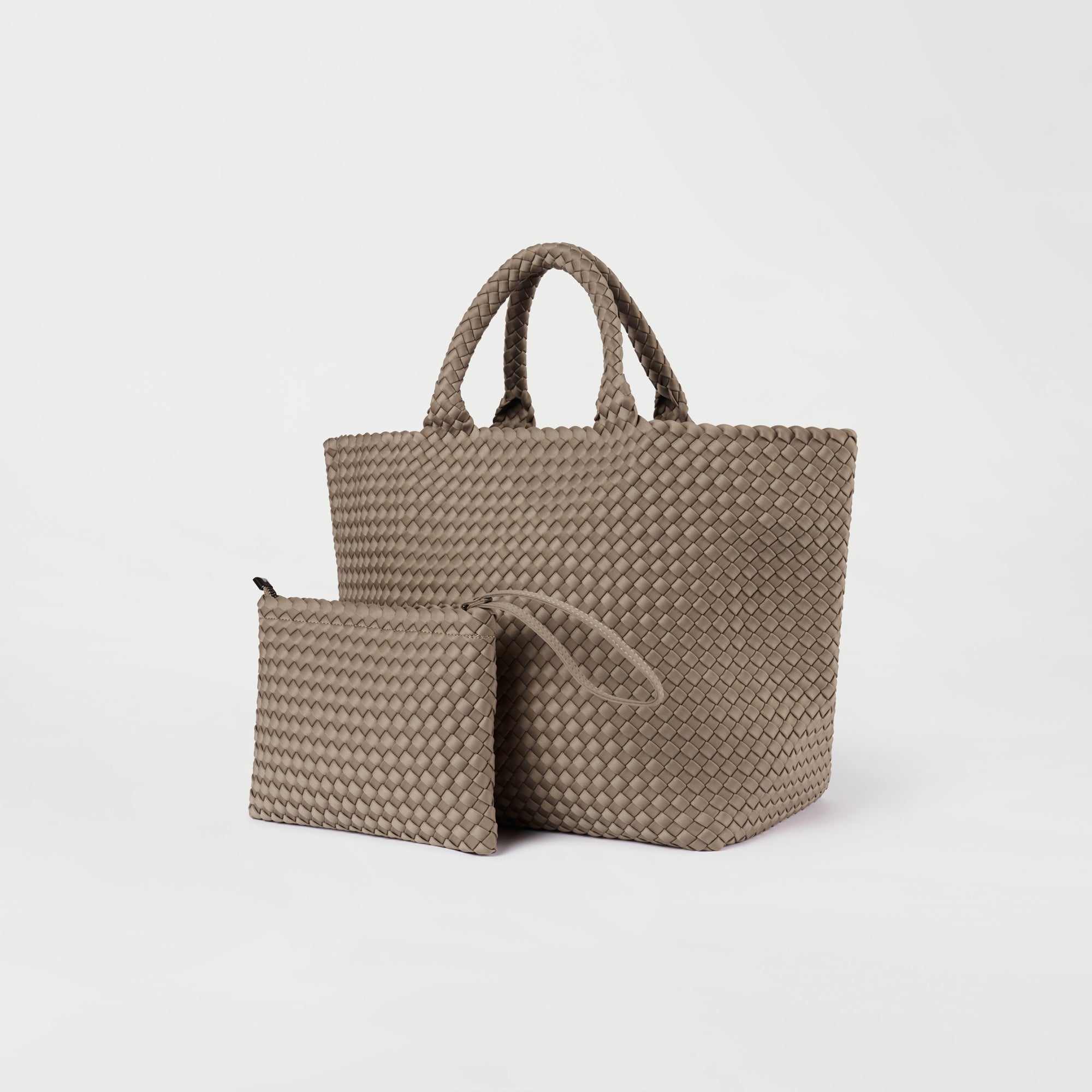 woven neoprene two piece bag set in taupe