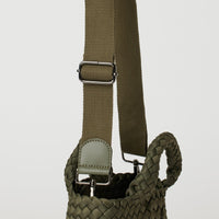 Andreina Bags Ciudad crossbody bag in army green colour. Medium size. Handmade, interlaced material, synthetic material water resistant, machine washable, adjustable strap, lightweight. Can be worn as crossbody or as a handbag. Designed in Sydney, Australia.
