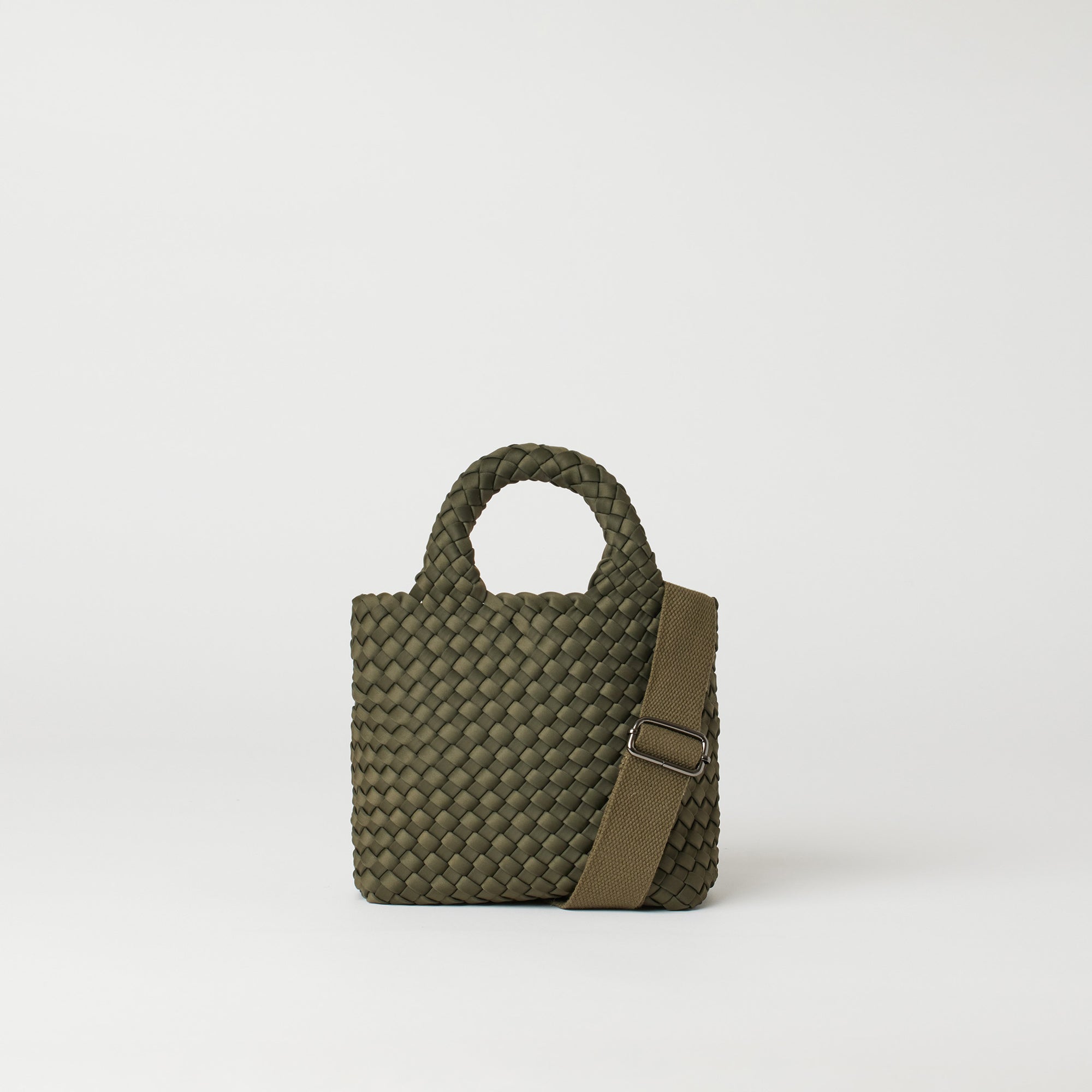 Andreina Bags Lupe crossbody bag in army green colour. small size yet roomy. Handmade, interlaced material, synthetic material, water resistant, machine washable, adjustable strap, lightweight. Can be worn as crossbody or as a handbag. Designed in Sydney, Australia.