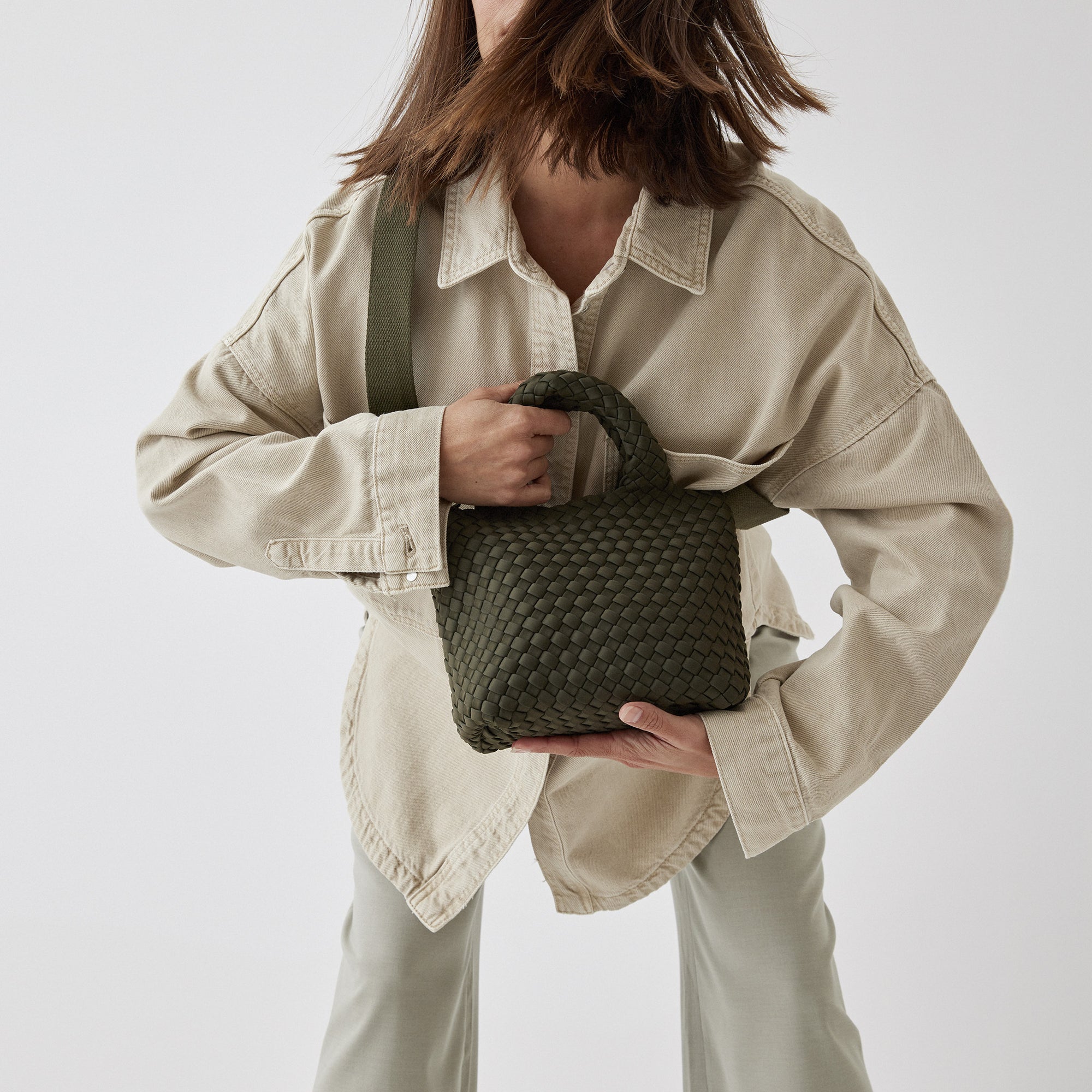 Handwoven neoprene small crossbody bag in army green