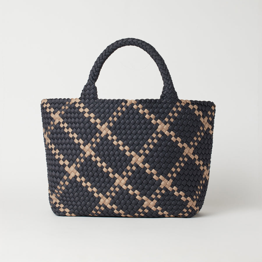 Andreina Bags Siempre tote bag in charcoal colour with beige criss cross stripes. Colour name is Ash. Large size yet lightweight. Handmade, interlaced material, synthetic material, water resistant, machine washable. Designed in Sydney, Australia.
