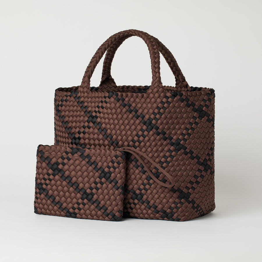 Andreina Bags Siempre tote bag in brown colour with black criss cross stripes. Large size yet lightweight. Comes with matching detached clutch.Handmade, interlaced material, synthetic material, water resistant, machine washable. Designed in Sydney, Australia.