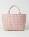 Andreina Bags Siempre tote bag in light pink colour. Colour name is rose. Large size yet lightweight. Handmade, interlaced material, synthetic material, water resistant, machine washable. Designed in Sydney, Australia.