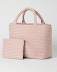 Andreina Bags Siempre tote bag in light pink colour. Colour name is rose. Large size yet lightweight. Comes with matching detached clutch.Handmade, interlaced material, synthetic material, water resistant, machine washable. Designed in Sydney, Australia.