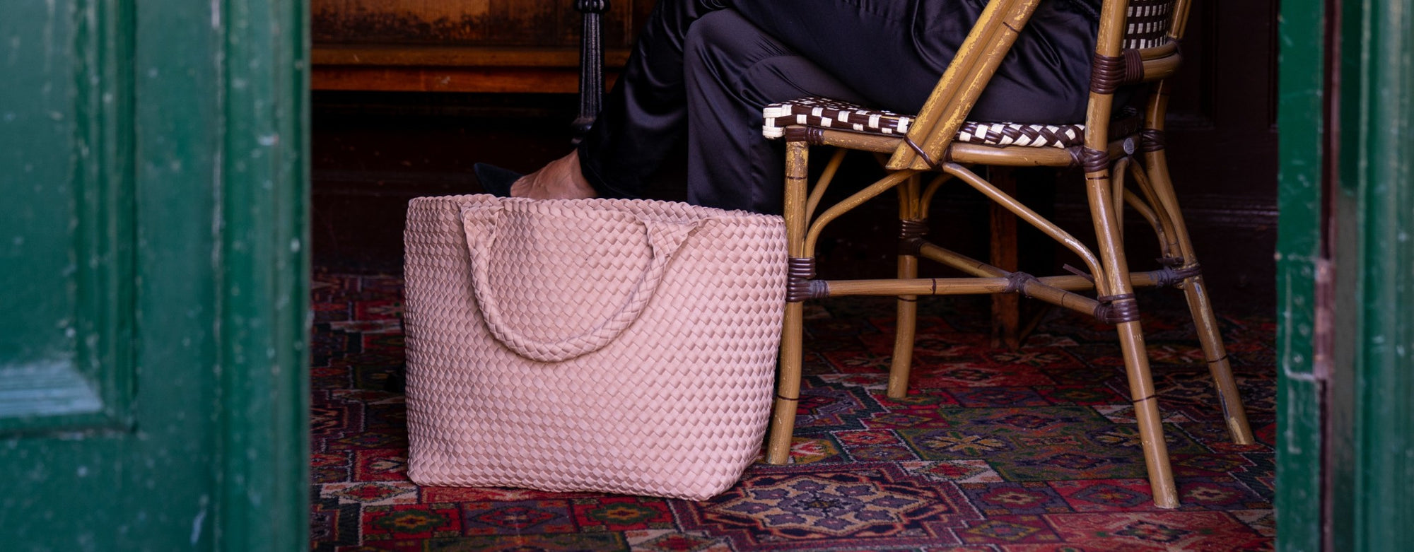 Large Tote in light colour made of handwoven neoprene